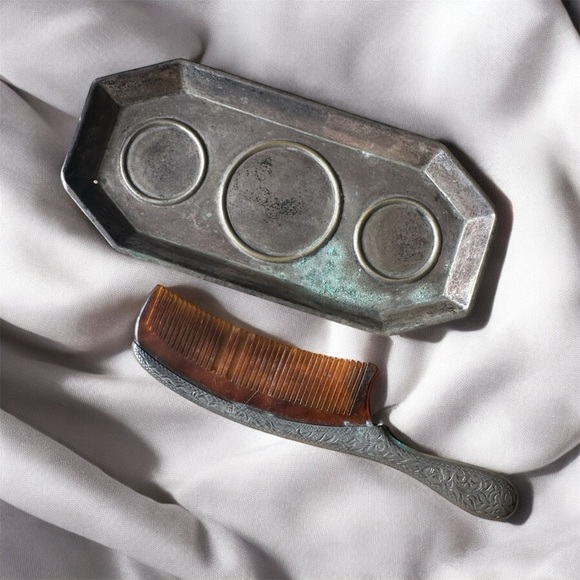 Antique Sterling silver comb tortoises shell silver plated tray England - Picture 3 of 4